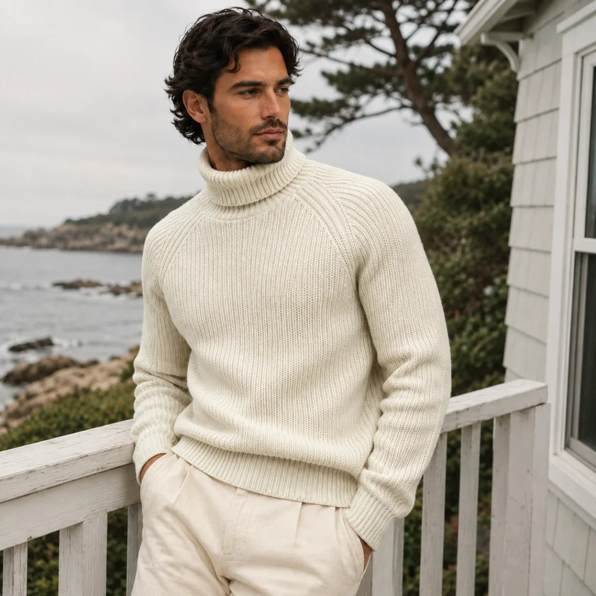 Men's Chunky Wool Ribbed Turtleneck Sweater – Relaxed Fit, view 3