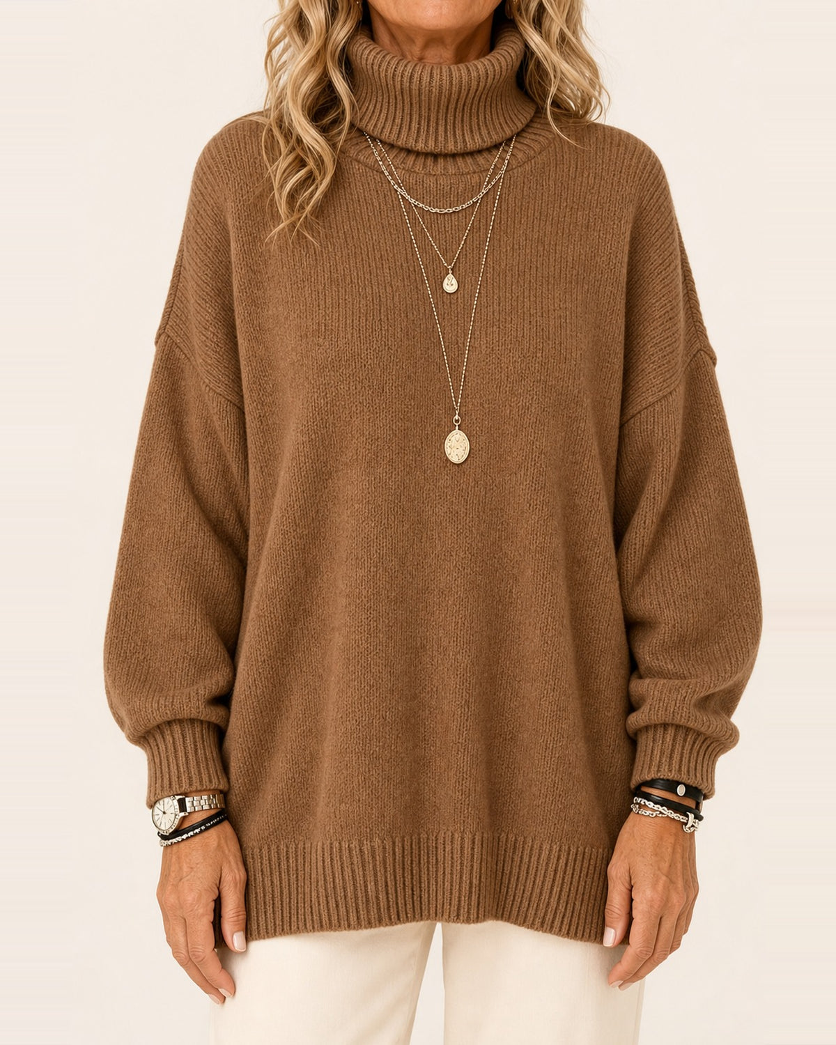 Women's Ribbed Knit Turtleneck Drop-Shoulder Sweater – Oversized Fit, Brown