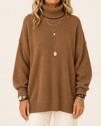 Women's Ribbed Knit Turtleneck Drop-Shoulder Sweater – Oversized Fit, Brown