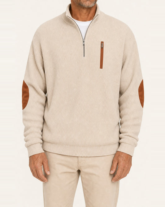 Men's Ribbed Quarter-Zip Elbow-Patch Pullover – Long Sleeve, Beige