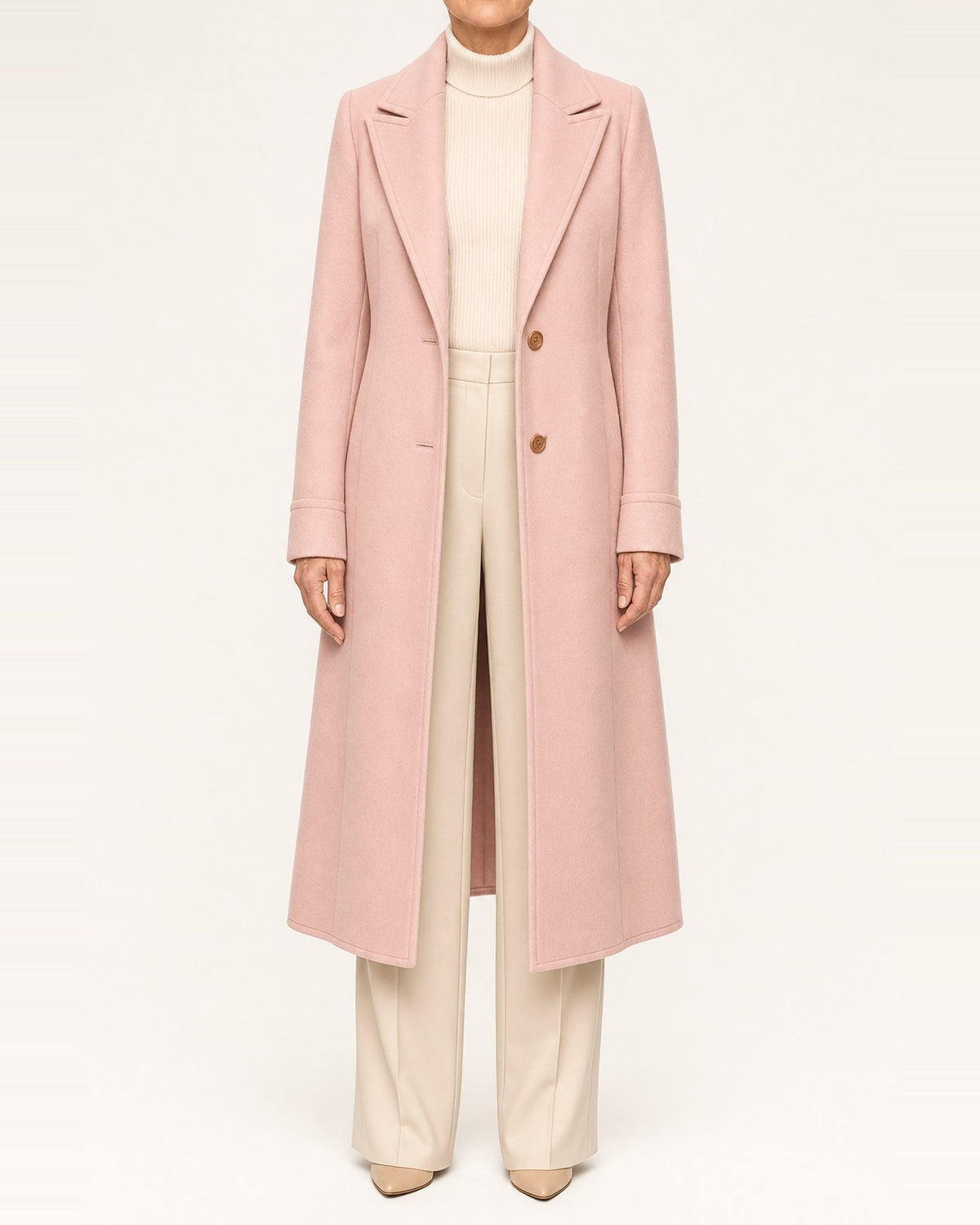 Women's Cotton-Blend Belted Long Coat – Notched Lapel, Pink