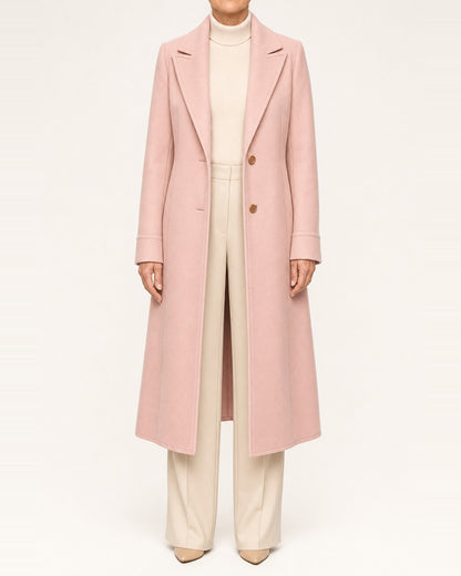 Women's Cotton-Blend Belted Long Coat – Notched Lapel, Pink