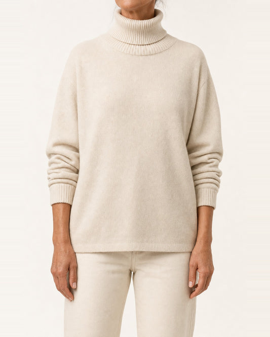 Unisex Geelong Wool Roll Neck Sweater – Ribbed Cuffs, Almond