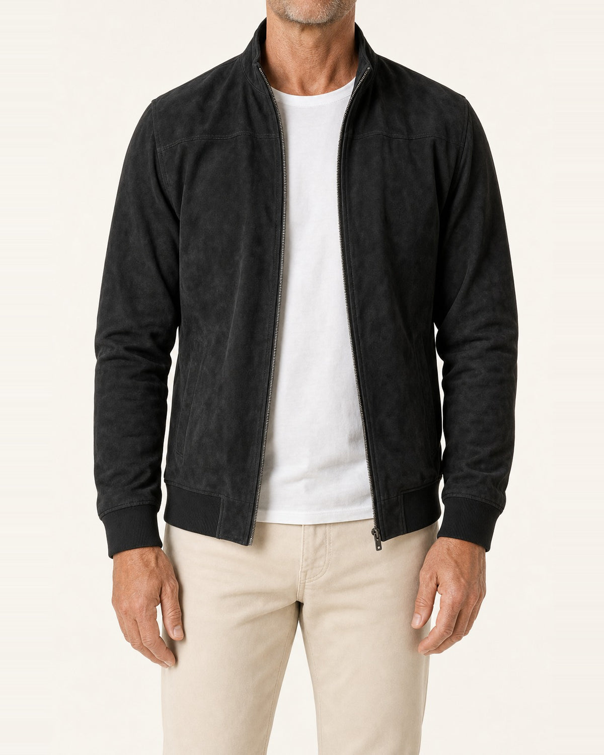 Men's Suede Stand Collar Zip-Front Bomber Jacket – Ribbed Cuffs