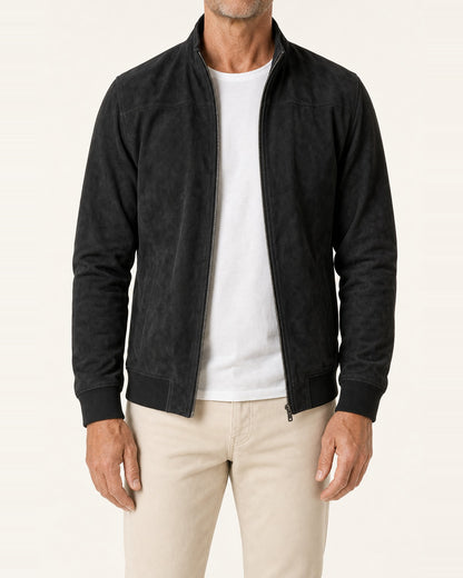 Men's Suede Stand Collar Zip-Front Bomber Jacket – Ribbed Cuffs