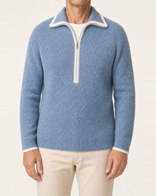 Unisex Cashmere Quarter-Zip Contrast Trim Sweater – Blue