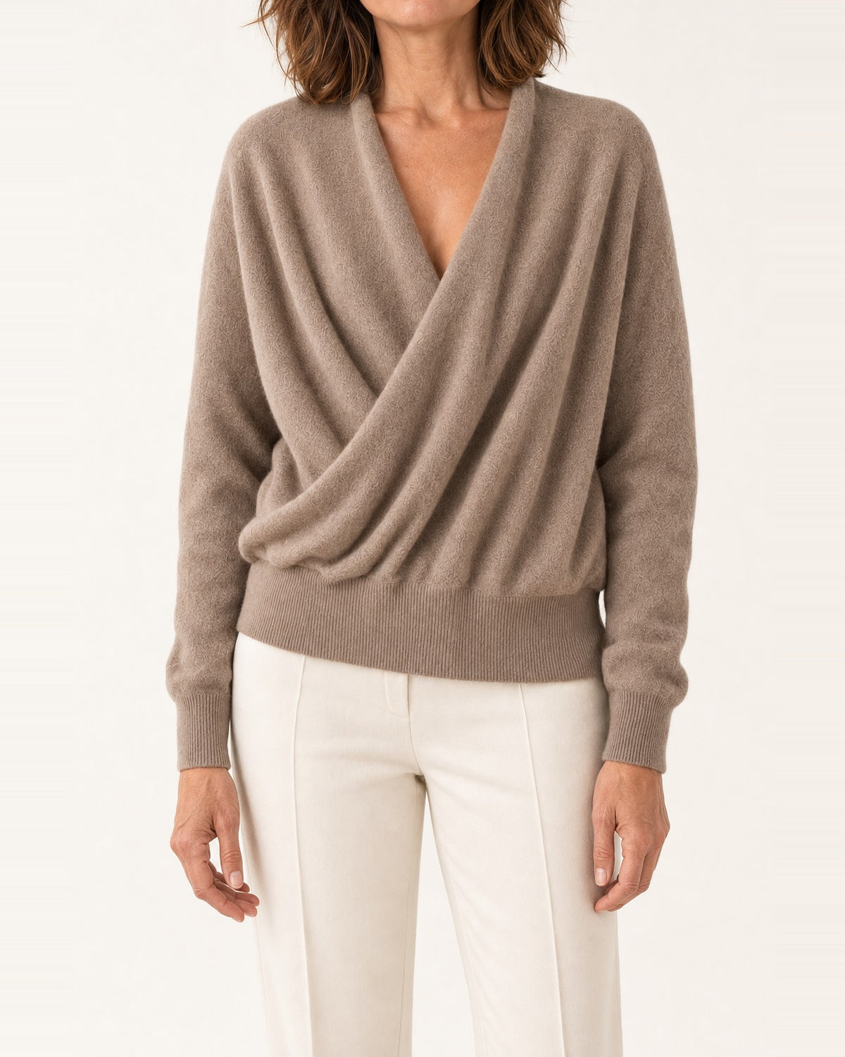 Unisex Merino Wool Crossover Neckline Sweater – Relaxed Drape, Brown