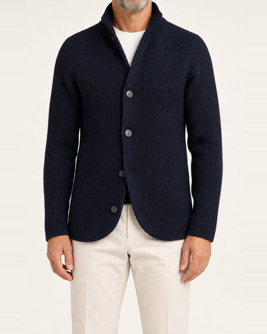 Men's Cotton-Wool Waffle-Knit Stand Collar Cardigan – Navy