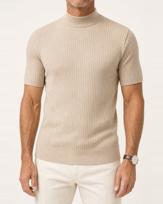 Men's Polyester Short Sleeve Mock Turtleneck Sweater – Ribbed Hem, Beige