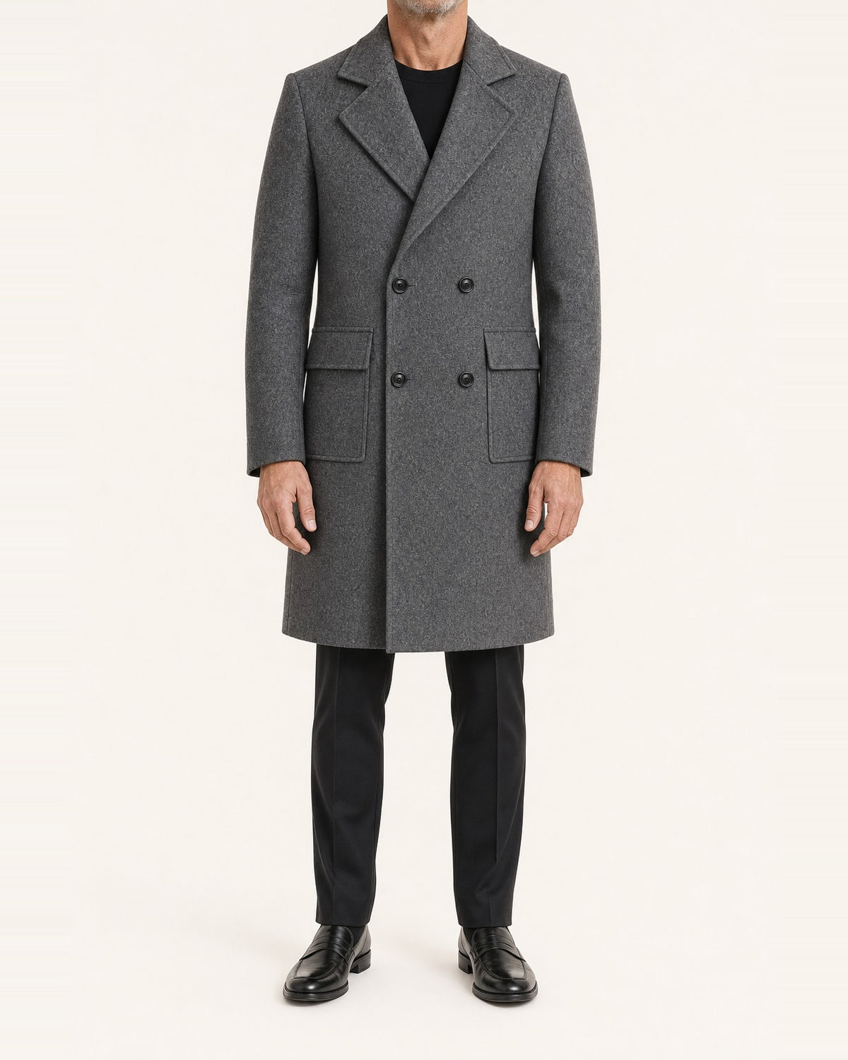 Men's Double-Breasted Flap-Pocket Coat – Broad Lapel, Gray