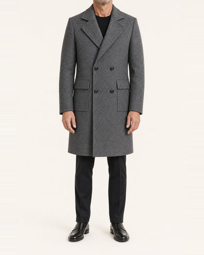 Men's Double-Breasted Flap-Pocket Coat – Broad Lapel, Gray