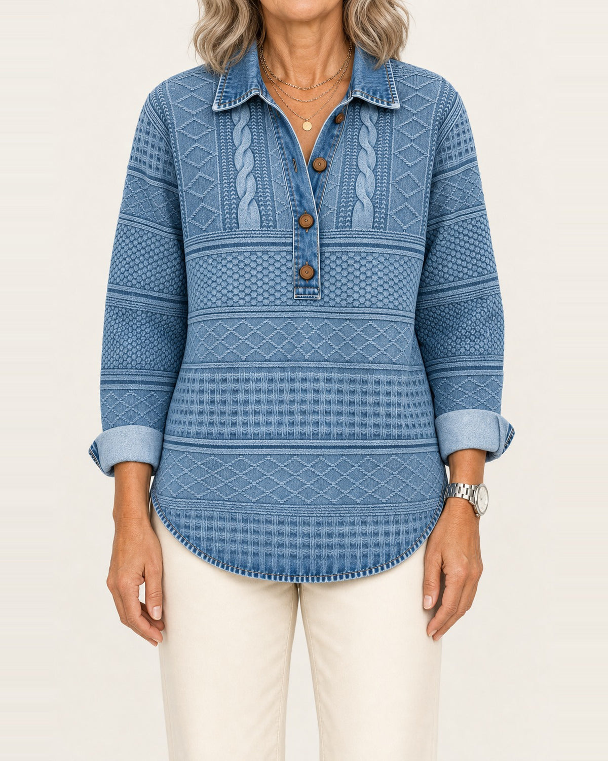 Women's Cable Knit Collared Jumper – Button Neckline, Blue