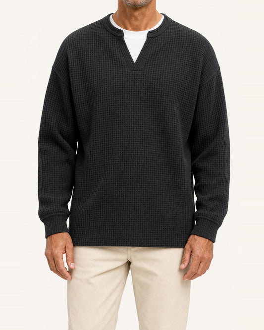Men's Waffle Knit Mock-Layer Long Sleeve Thermal Pullover