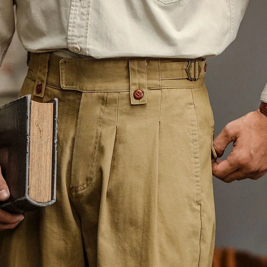 Men's High-Rise Pleated Cotton Trousers