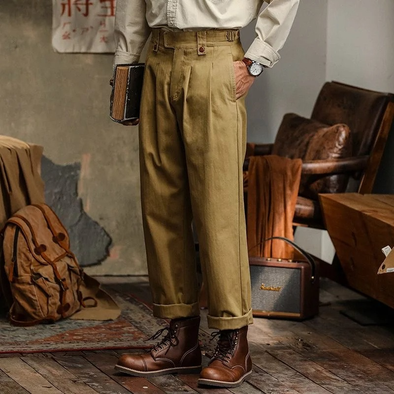 Men's High-Rise Pleated Cotton Trousers