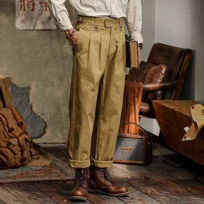 Men's High-Rise Pleated Cotton Trousers