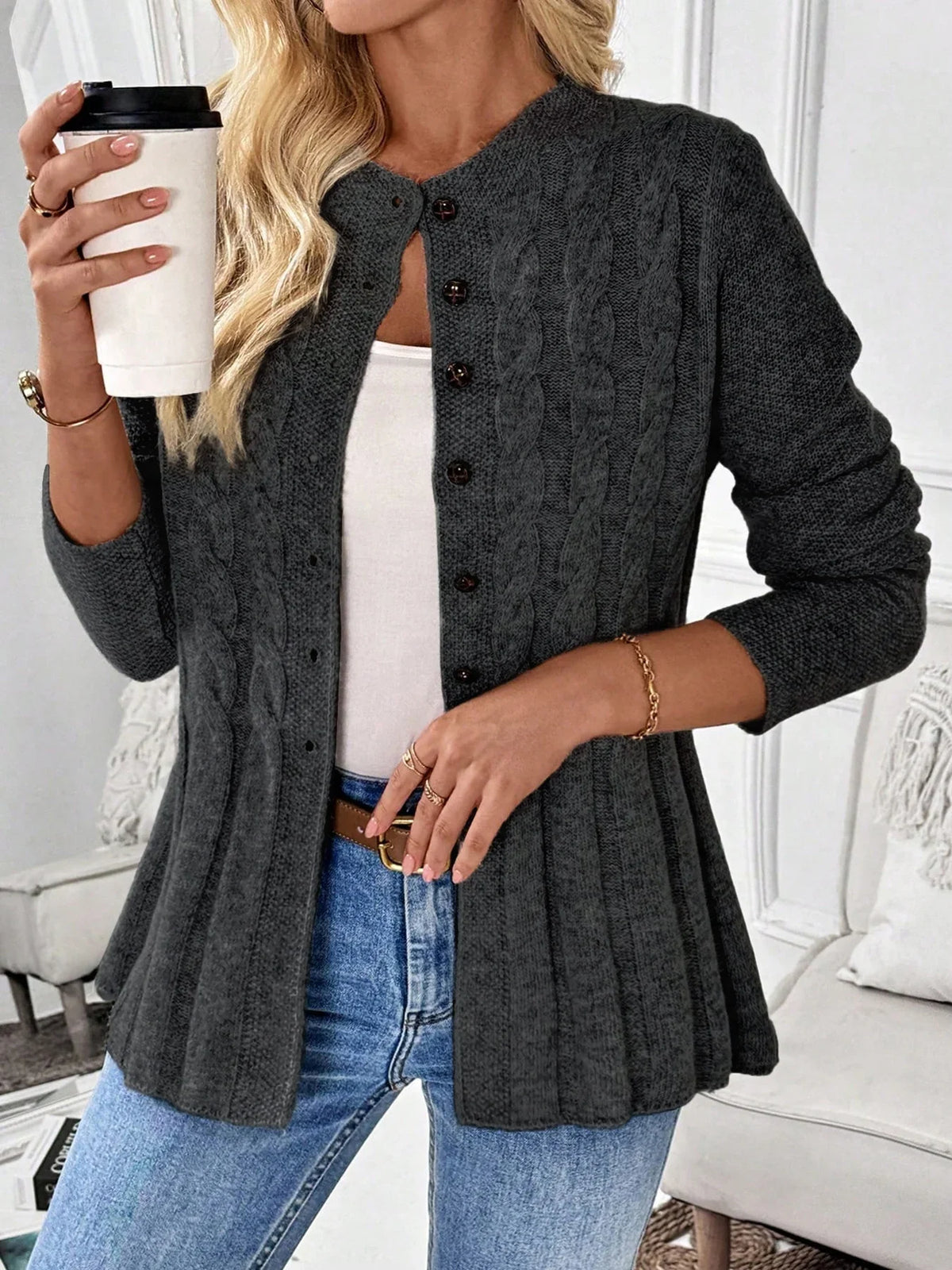 Women's Ribbed Cable-Knit Cardigan