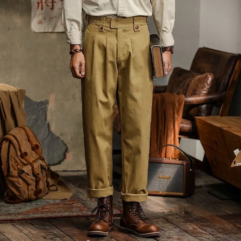 Men's High-Rise Pleated Cotton Trousers