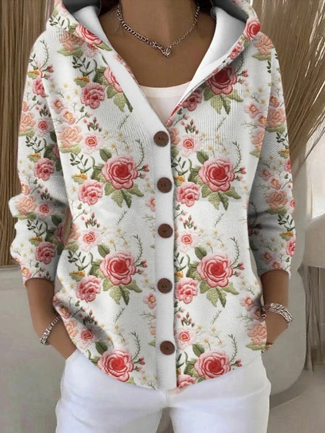 Women's Hooded Button-Front Lightweight Knit Cardigan – Floral White