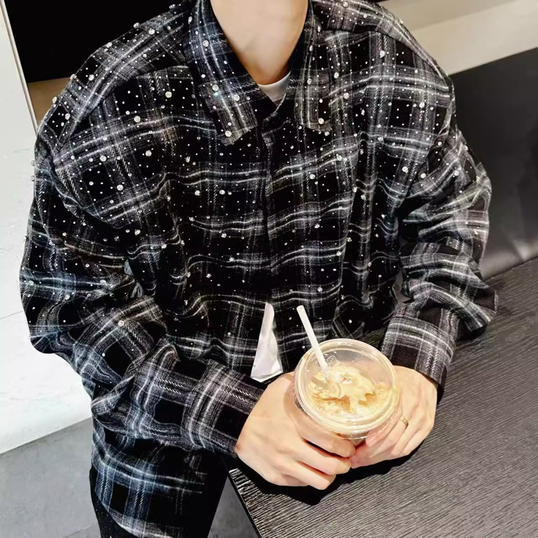 Unisex Rhinestone Plaid Shirt Jacket