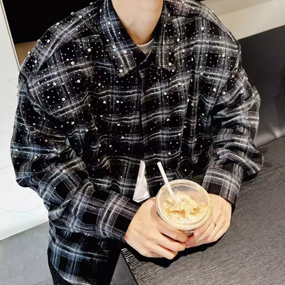 Unisex Rhinestone Plaid Shirt Jacket