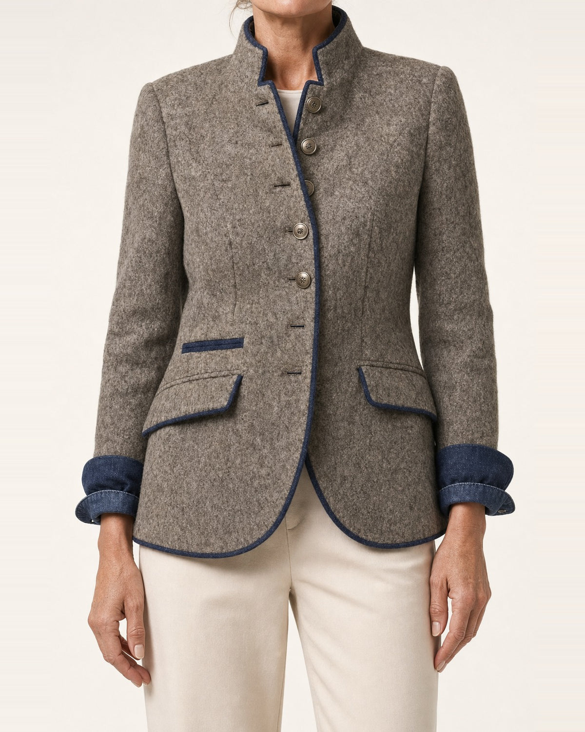 Women's Wool-Blend Officer Collar Jacket – Contrast Trim