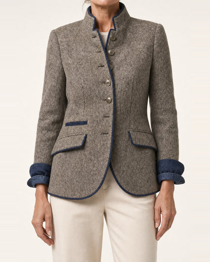 Women's Wool-Blend Officer Collar Jacket – Contrast Trim