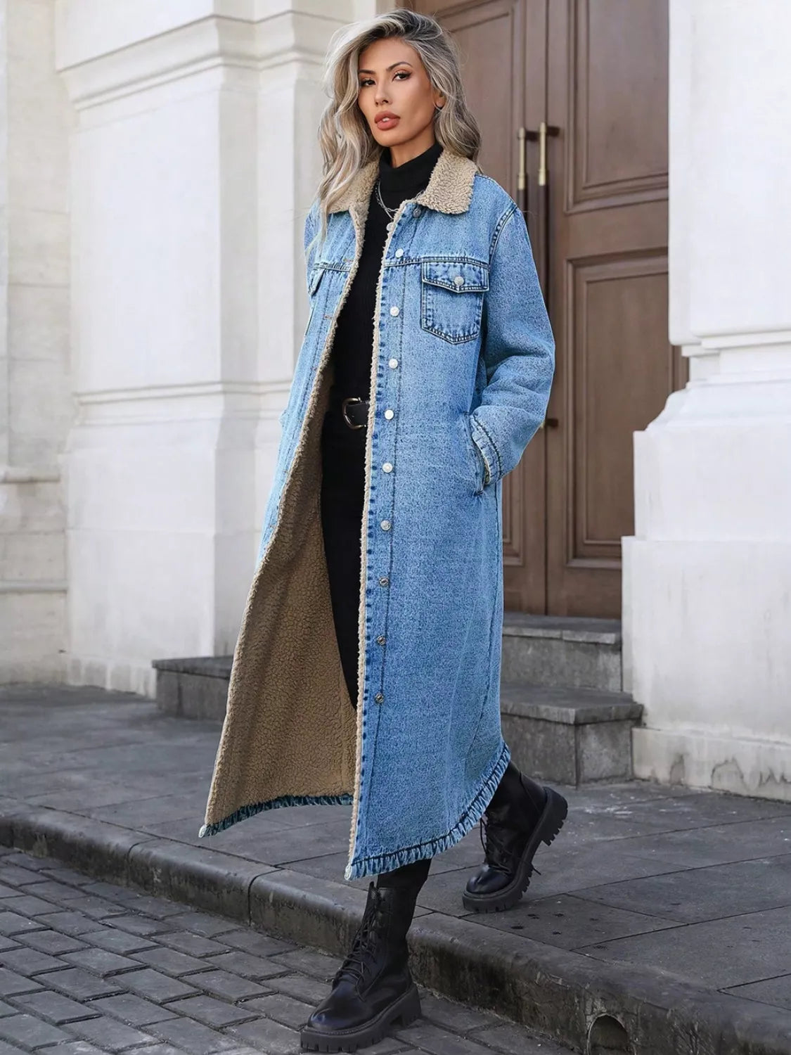 Women's Sherpa-Lined Longline Denim Jacket