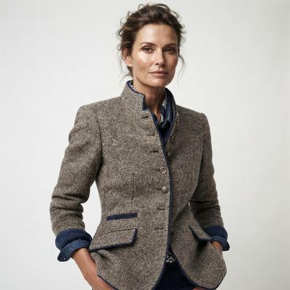 Women's Wool-Blend Officer Collar Jacket – Contrast Trim, Light Brown