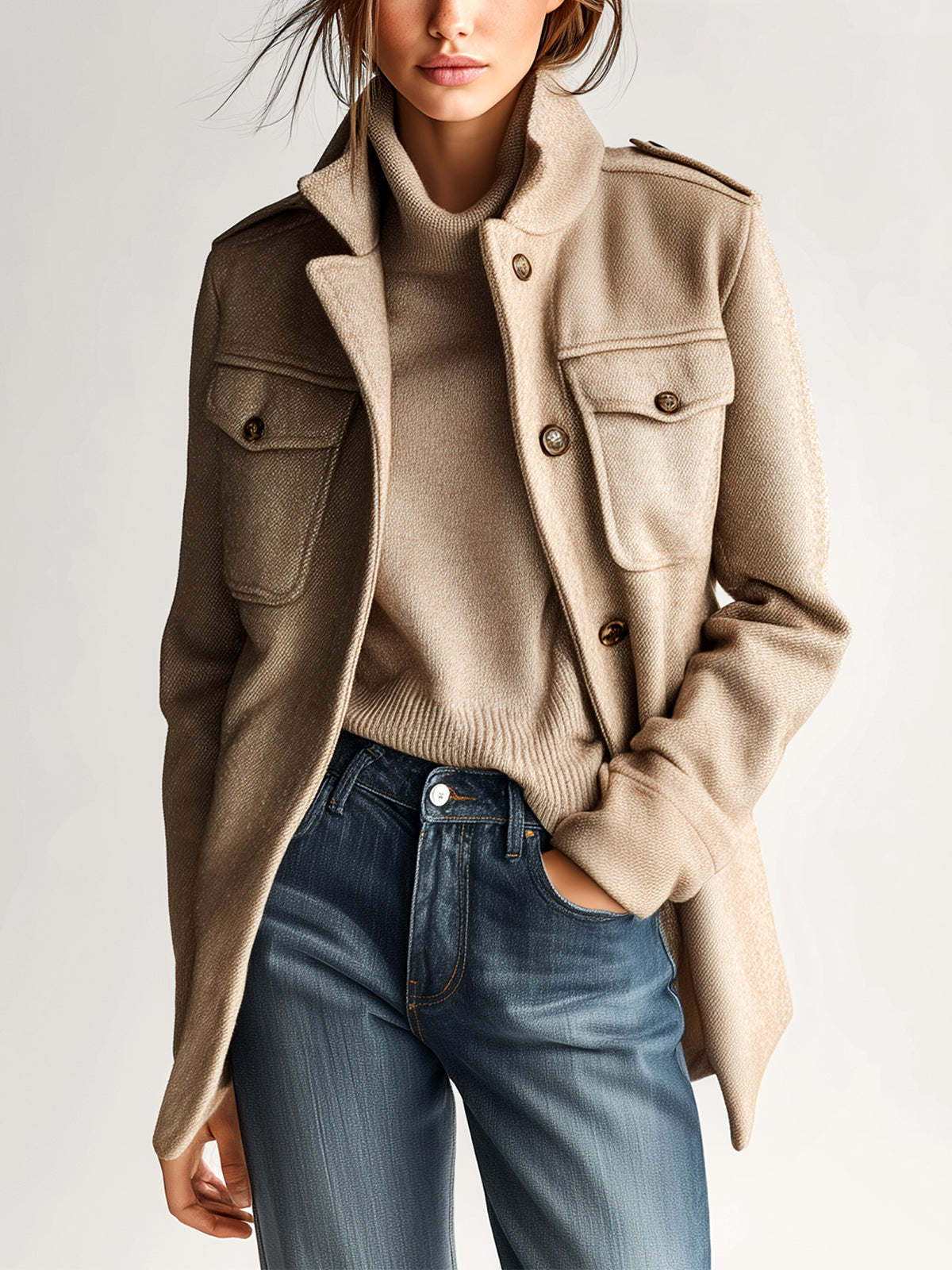 Women's Wool-Blend Stand Collar Coat