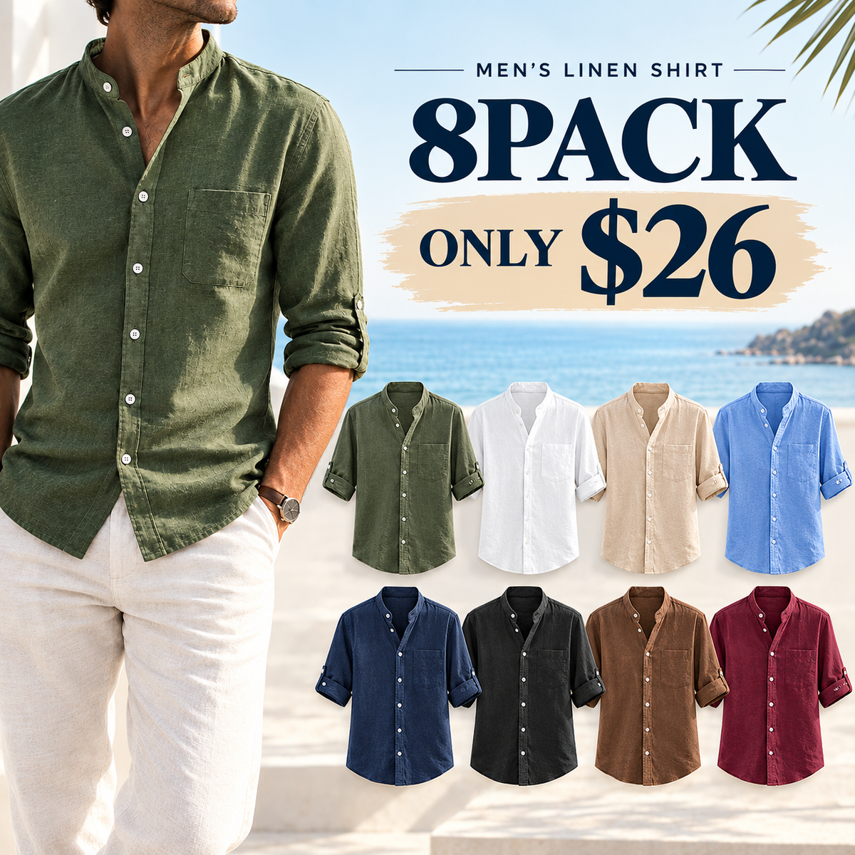 Men's Linen-Blend Stand Collar Shirt