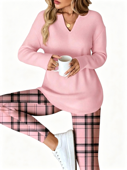 Women's Plaid Two-Piece Top And Legging Set