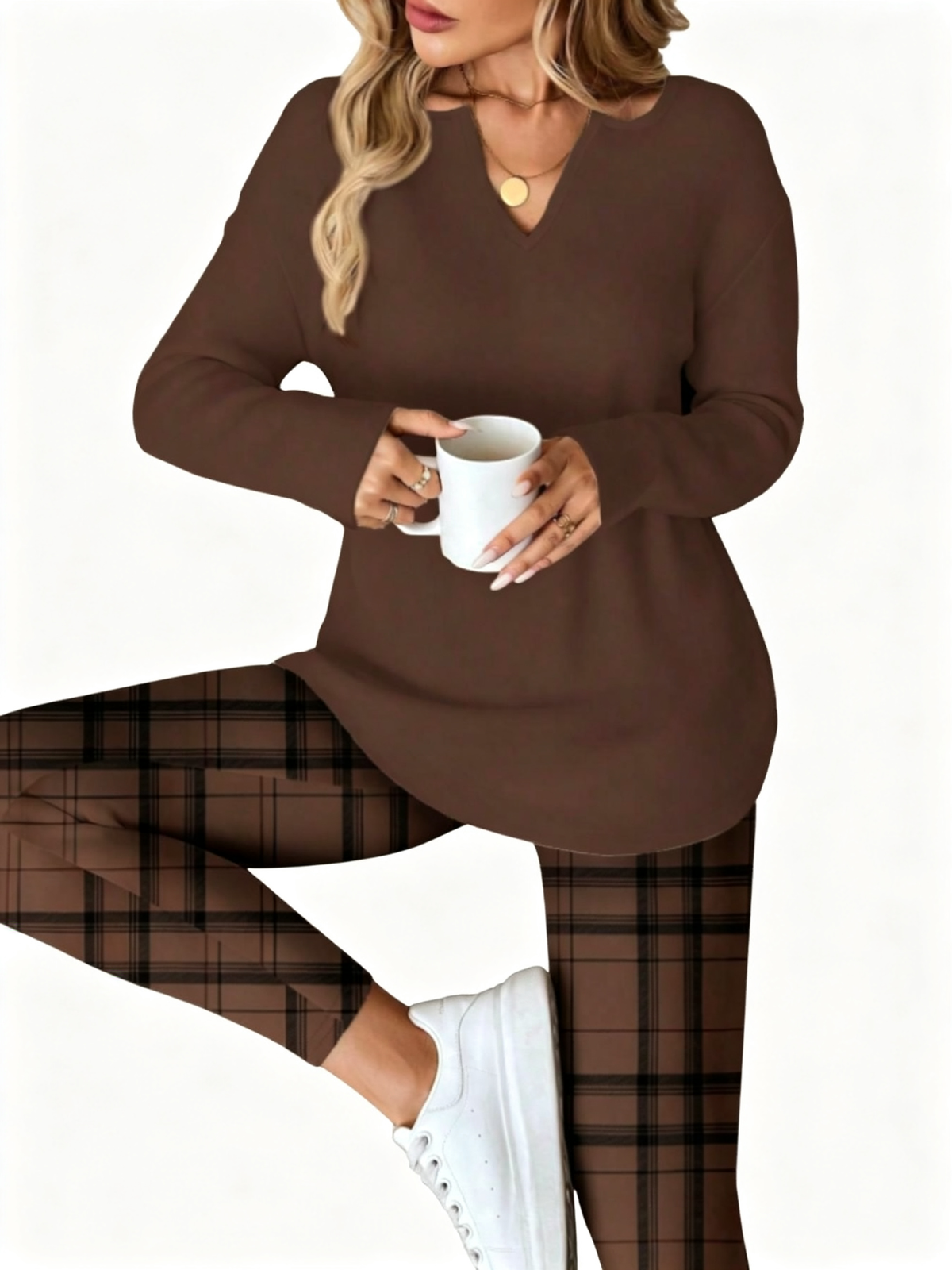 Women's Plaid Two-Piece Top And Legging Set