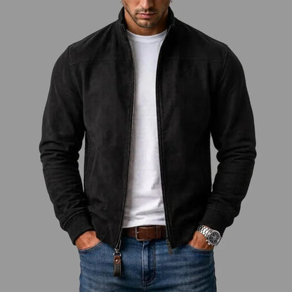 Men's Suede Stand Collar Zip-Front Bomber Jacket – Ribbed Cuffs, Black