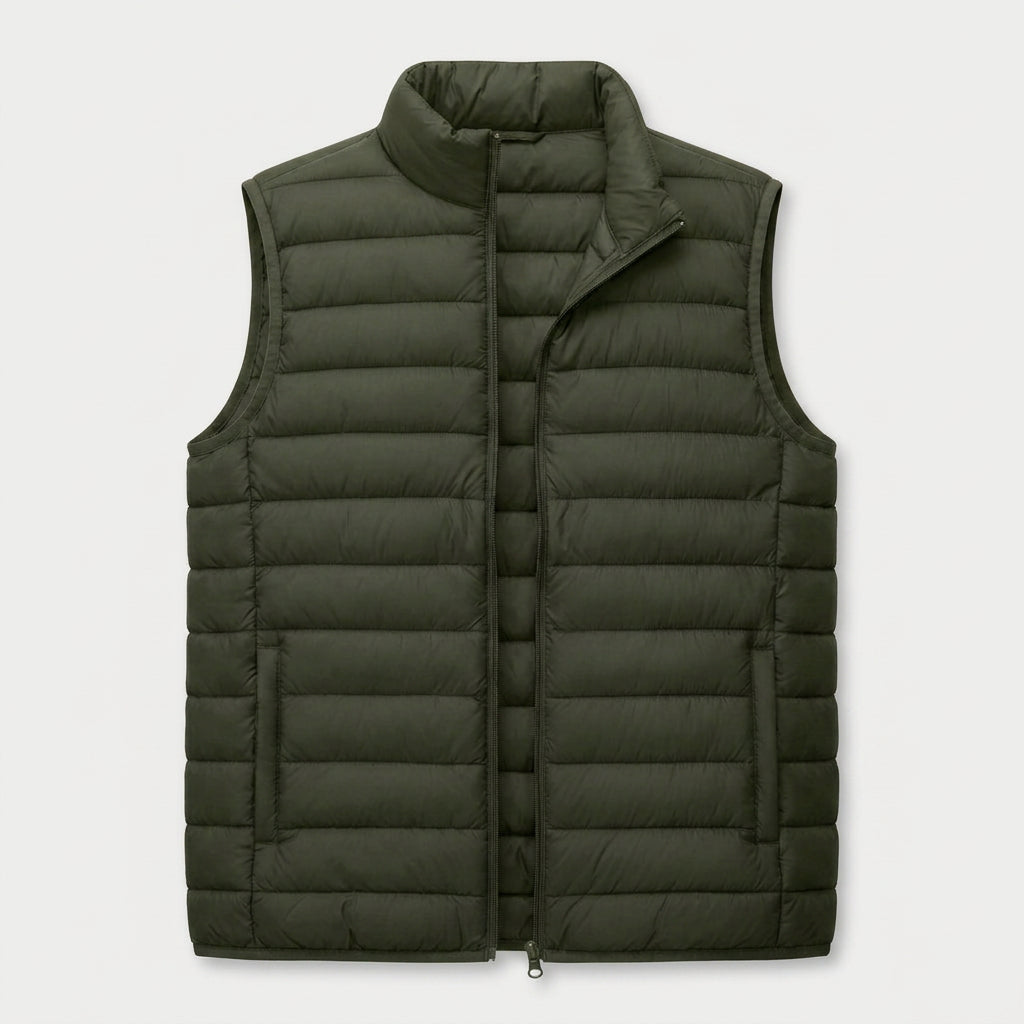 Men's Quilted Lightweight Puffer Vest – Full-Zip, Olive Green