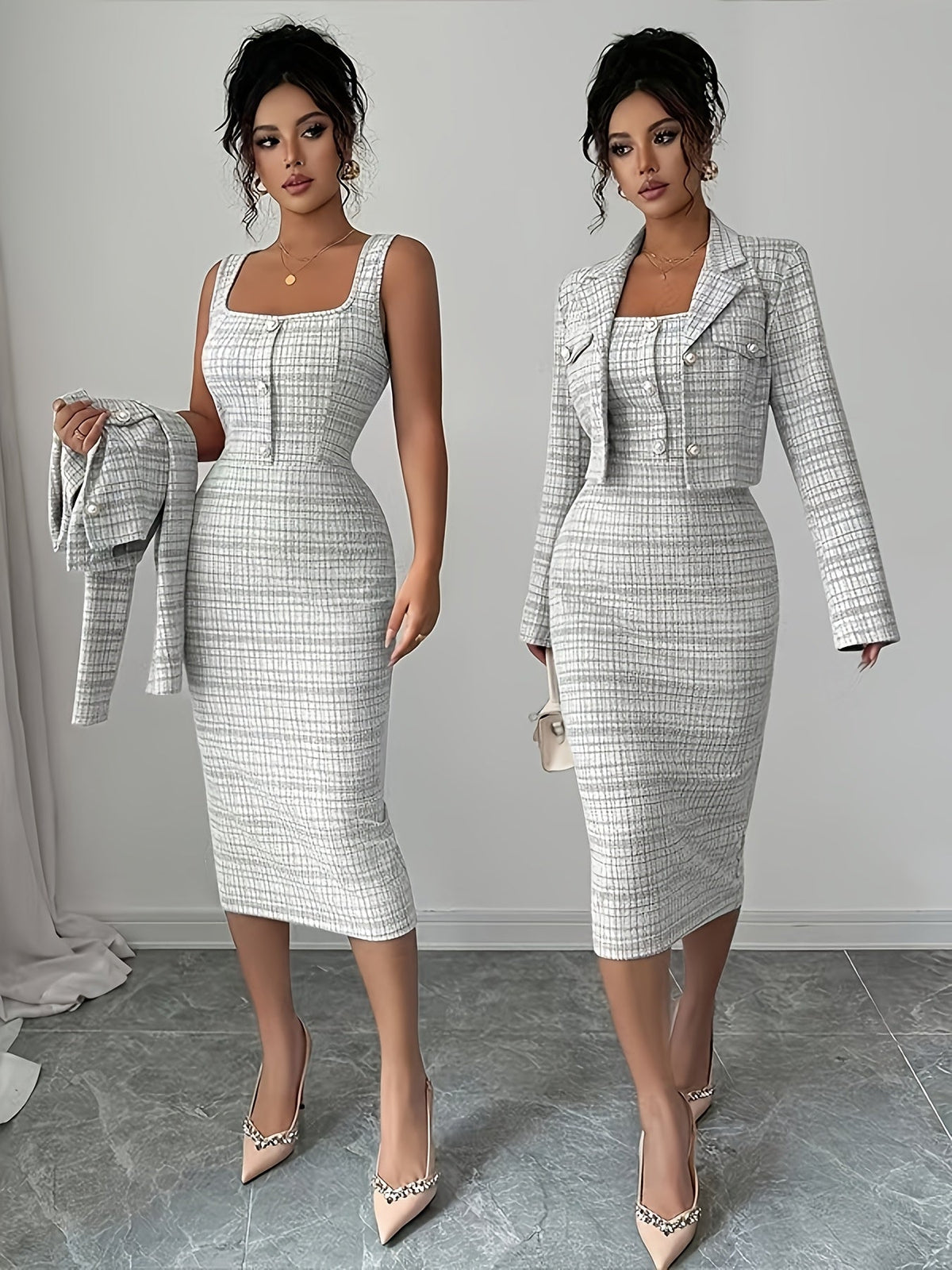 Women's Plaid Tweed Blazer & Midi Dress Set