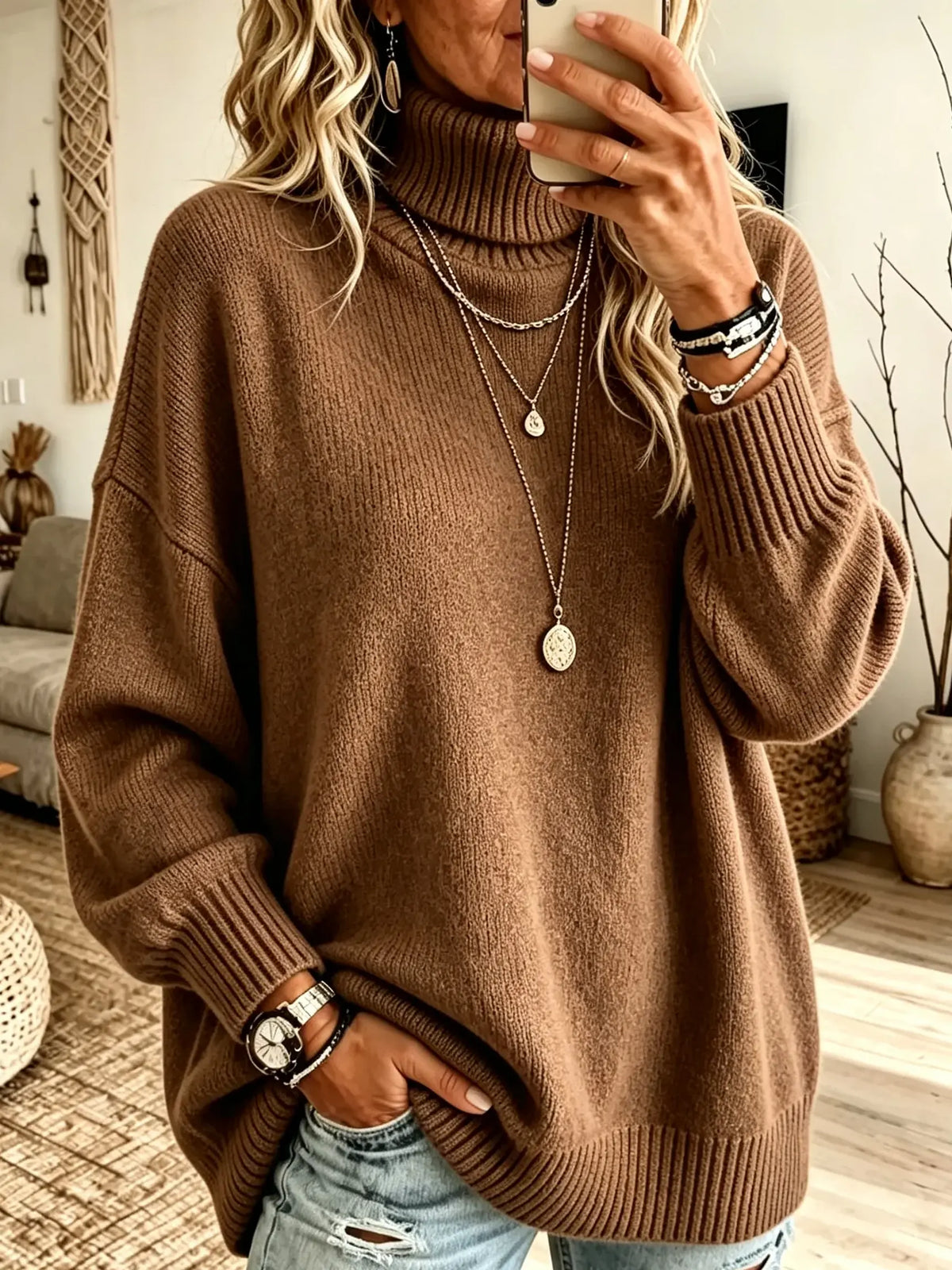 Women's Oversized Ribbed Knit Turtleneck Sweater