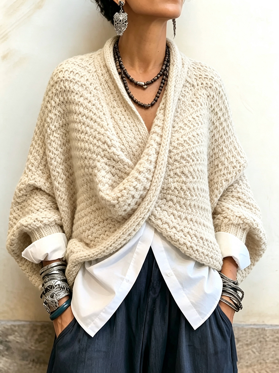 Women's Cotton-Blend Crossover V-Neck Batwing Sweater