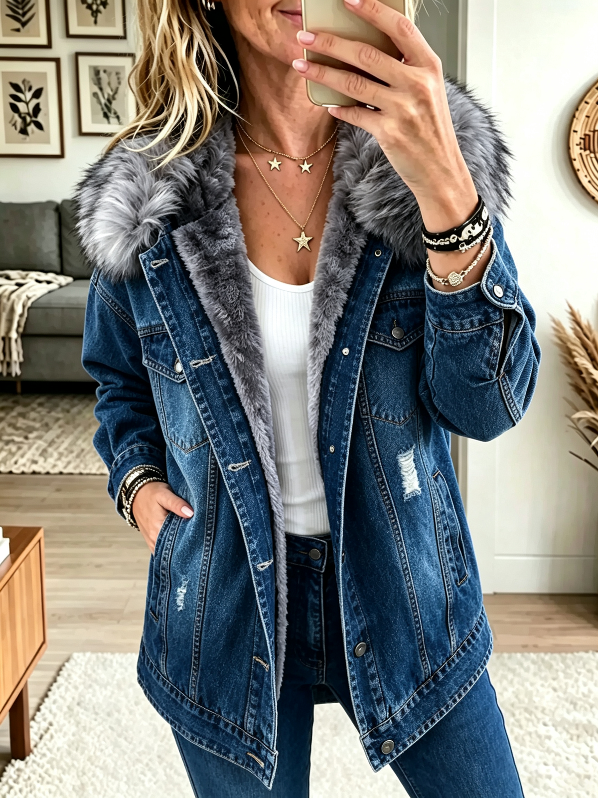Women's Fleece-Lined Denim Jacket With Vegan Fur Collar