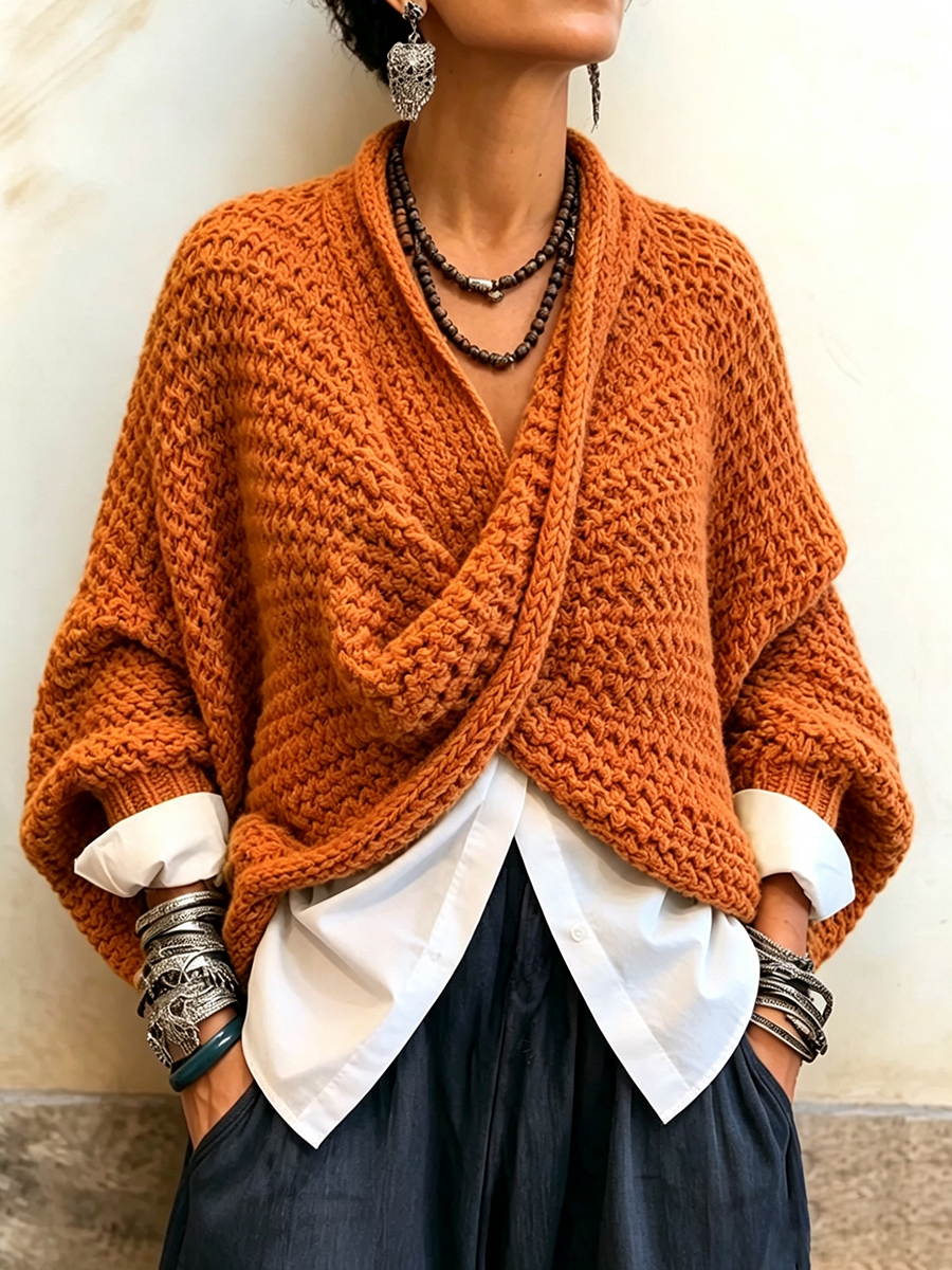 Women's Cotton-Blend Crossover V-Neck Batwing Sweater
