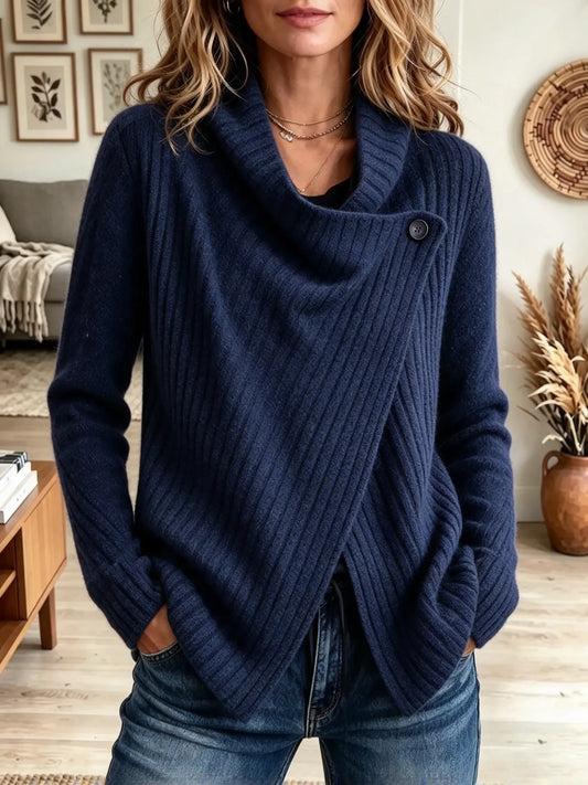 Women's Ribbed Asymmetrical Wrap Cowl Neck Cardigan