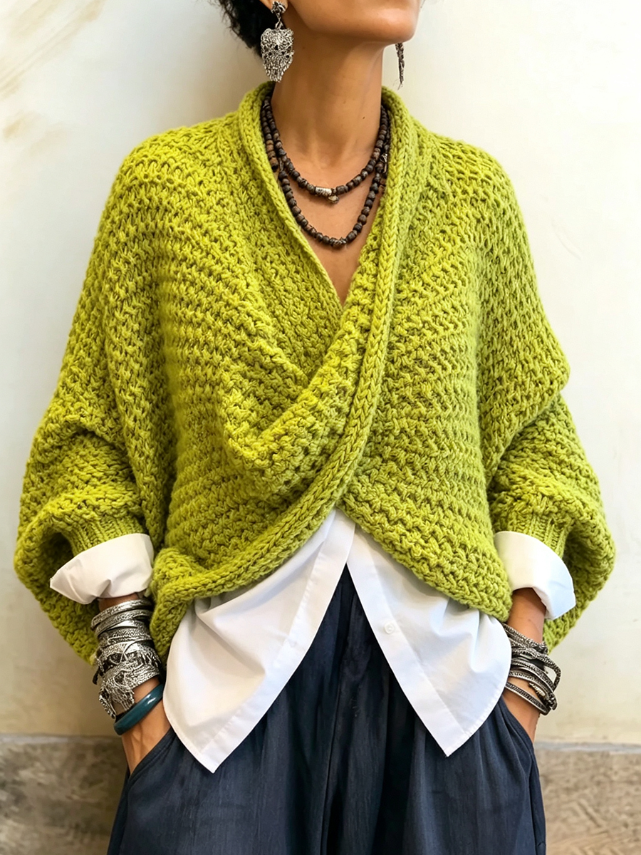 Women's Cotton-Blend Crossover V-Neck Batwing Sweater