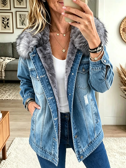 Women's Fleece-Lined Denim Jacket With Vegan Fur Collar