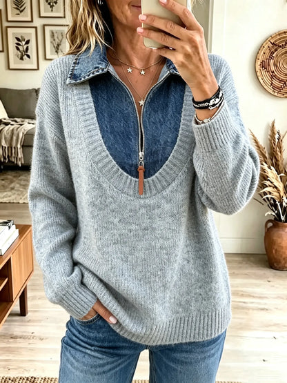 Women's Denim-Trim Half-Zip Knit Sweater