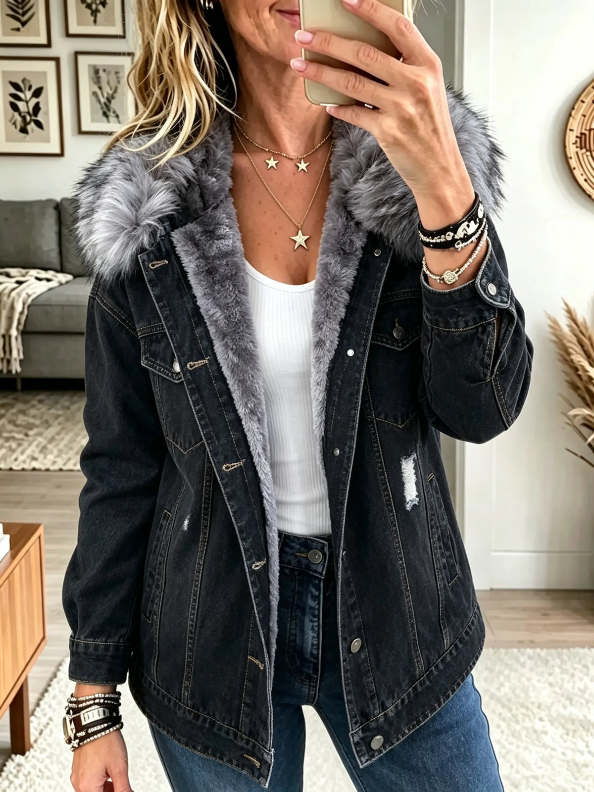 Women's Fleece-Lined Denim Jacket With Vegan Fur Collar