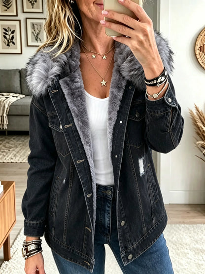 Women's Fleece-Lined Denim Jacket With Vegan Fur Collar