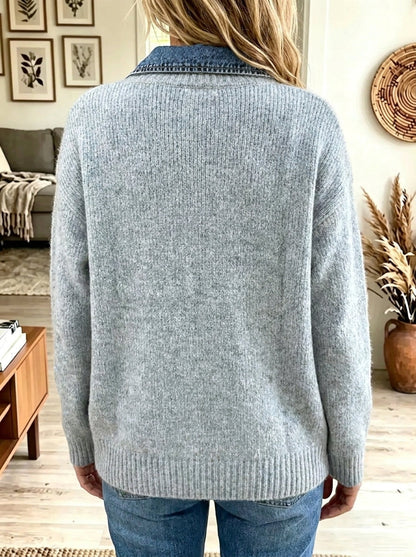 Women's Denim-Trim Half-Zip Knit Sweater