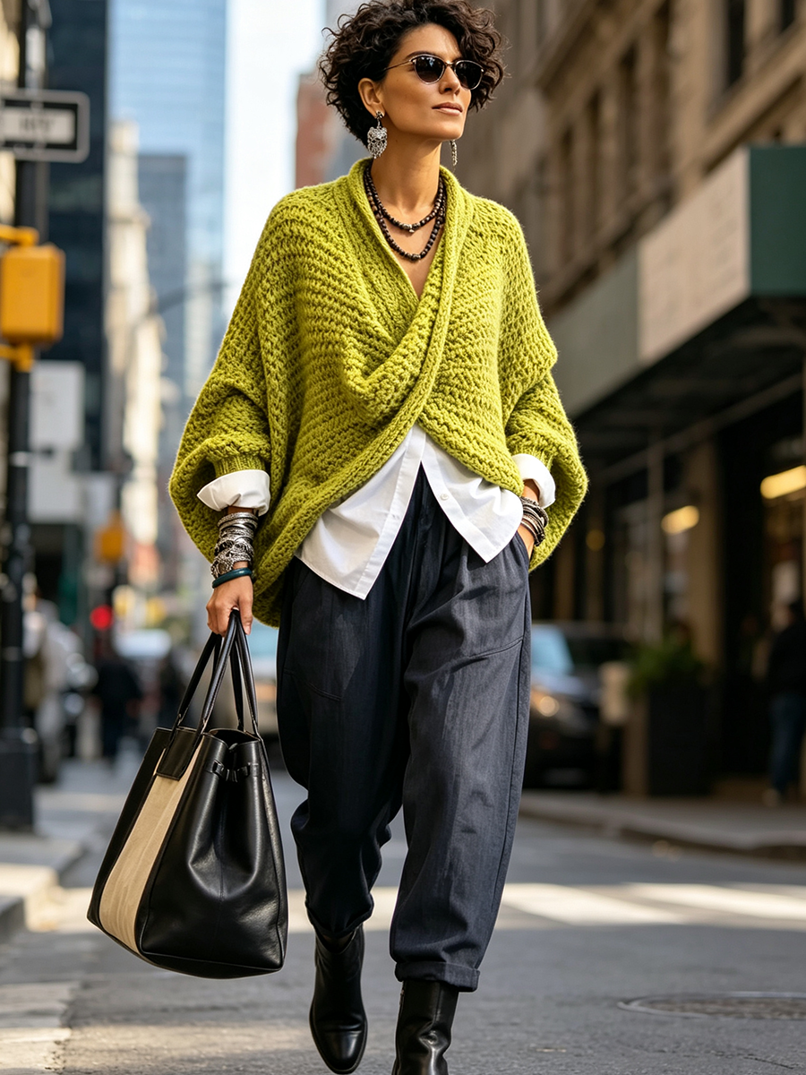 Women's Cotton-Blend Crossover V-Neck Batwing Sweater