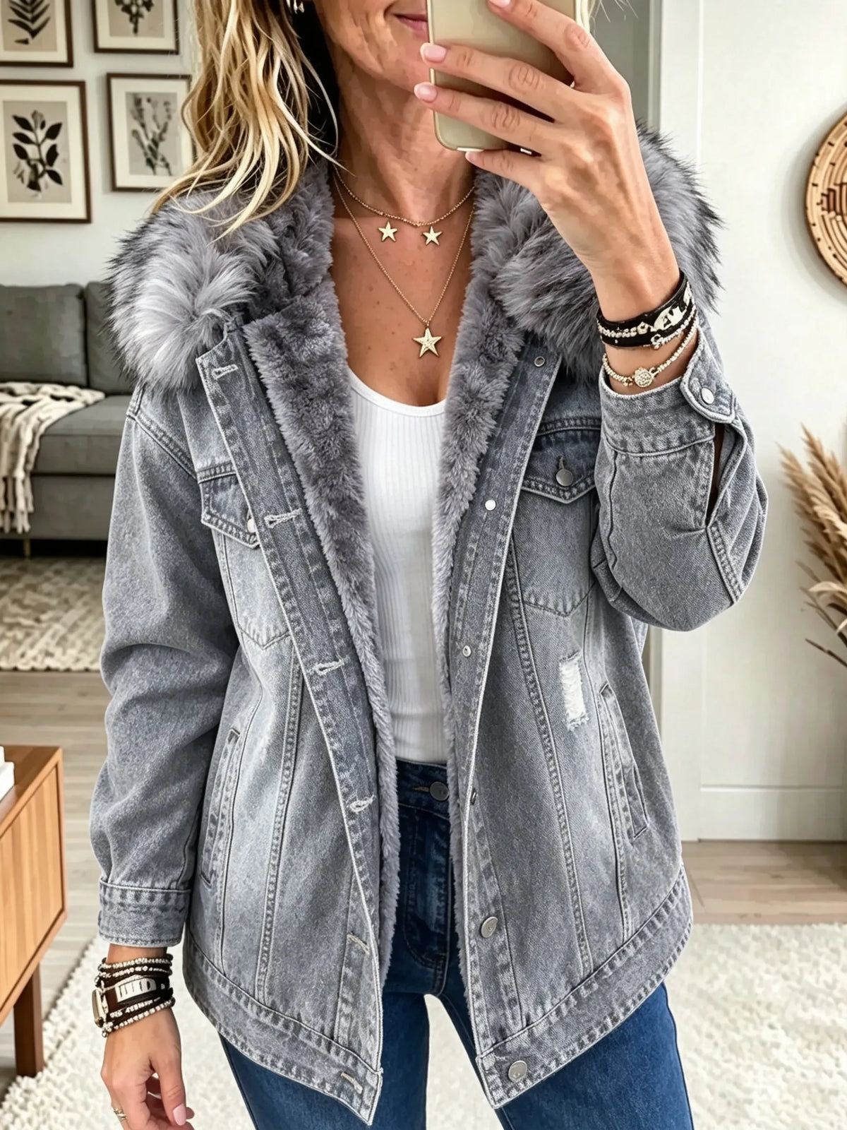 Women's Fleece-Lined Denim Jacket With Vegan Fur Collar