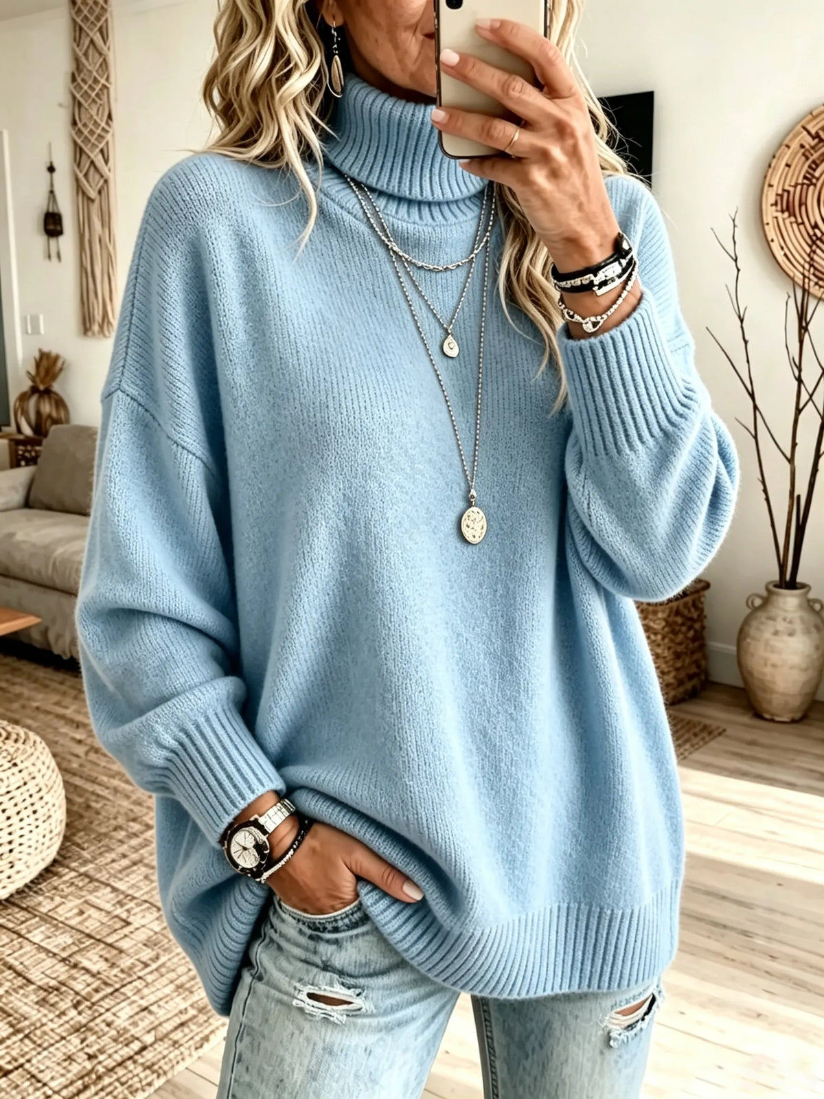Women's Oversized Ribbed Knit Turtleneck Sweater